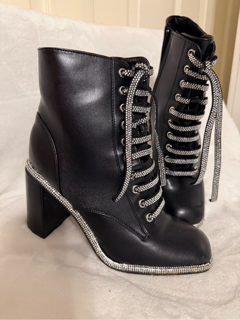 Black Rhinestone Lace-Up Block Heel Ankle Boots